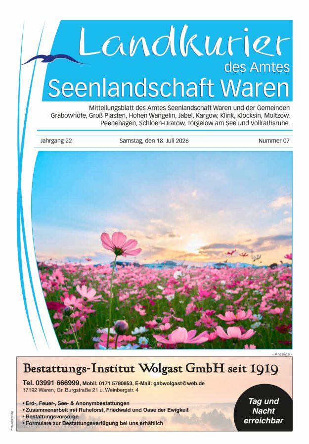 Landkurier des Amtes Seenlandschaft Waren Titelblatt 07/2026