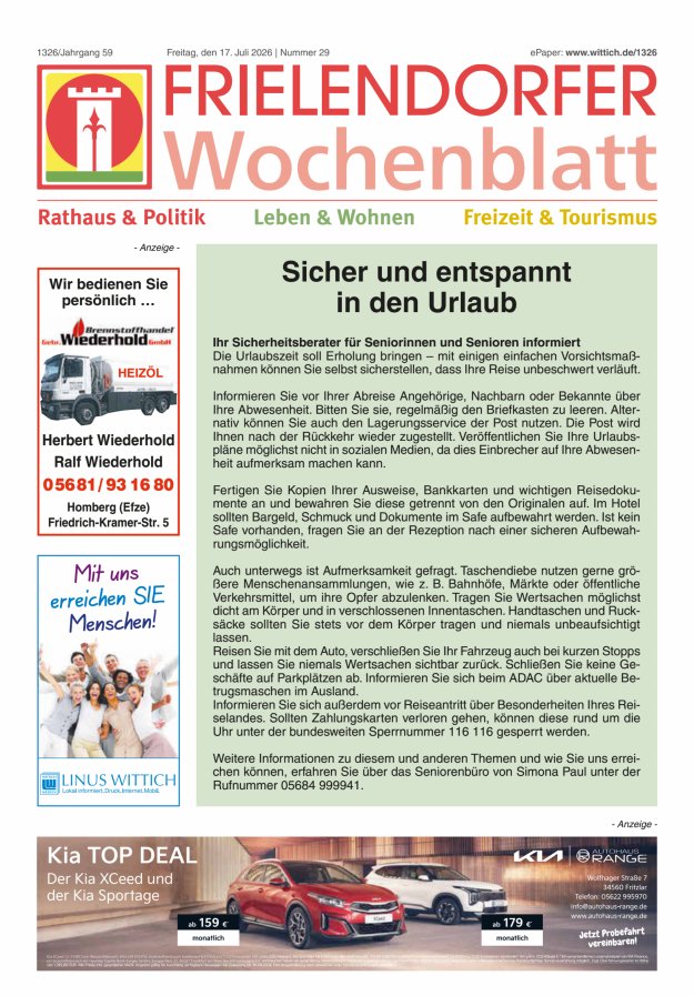 Frielendorfer Wochenblatt Titelblatt 29/2026