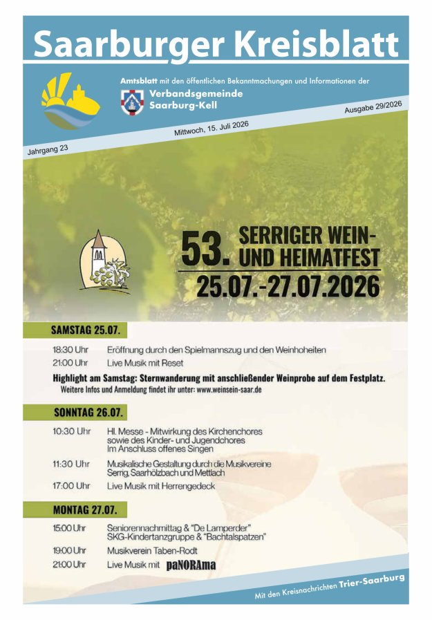 Saarburger Kreisblatt Titelblatt 29/2026