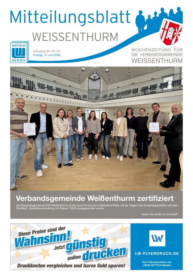 Mitteilungsblatt für den Bereich der Verbandsgemeinde Weißenthurm Titelblatt 29/2026