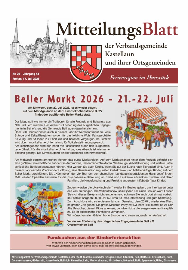 Mitteilungsblatt Kastellaun Titelblatt 29/2026