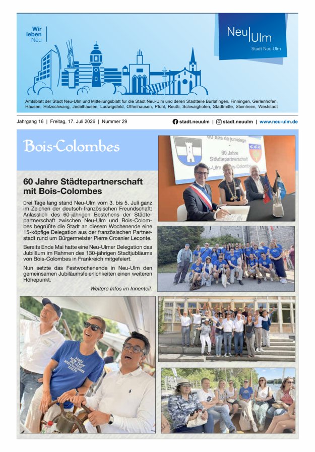 Amtsblatt der Stadt Neu-Ulm und Mitteilungsblatt für die Stadt Neu-Ulm Titelblatt 29/2026