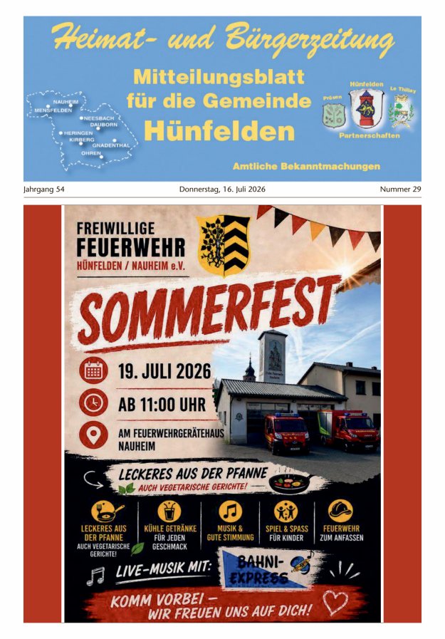 Mitteilungsblatt für die Gemeinde Hünfelden Titelblatt 29/2026