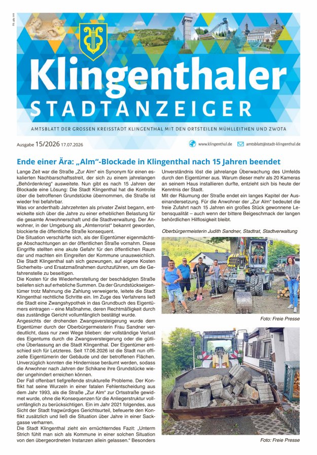 Klingenthaler Stadtanzeiger  Titelblatt 15/2026