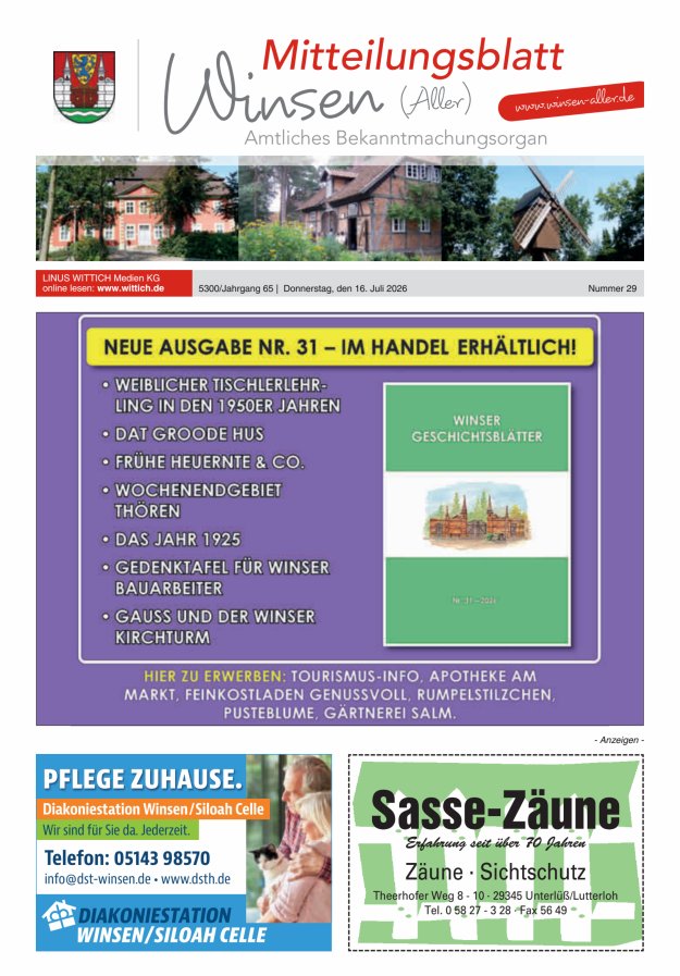 Mitteilungsblatt der Gemeinde Winsen Titelblatt 29/2026