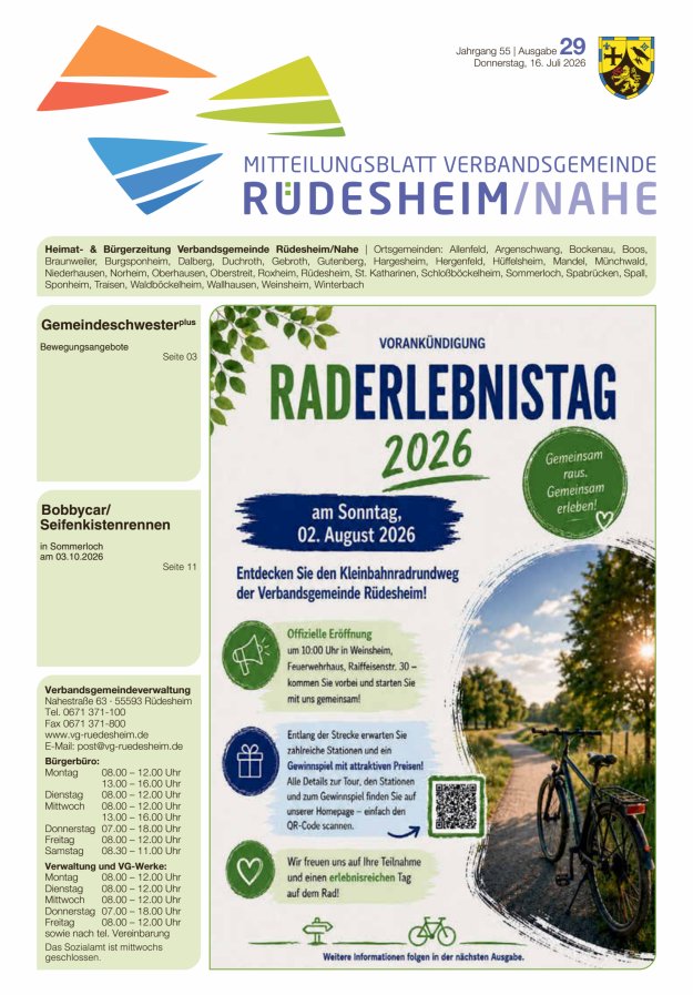 Mitteilungsblatt Verbandsgemeinde Rüdesheim und zugehörige Ortsgemeinden Titelblatt 29/2026