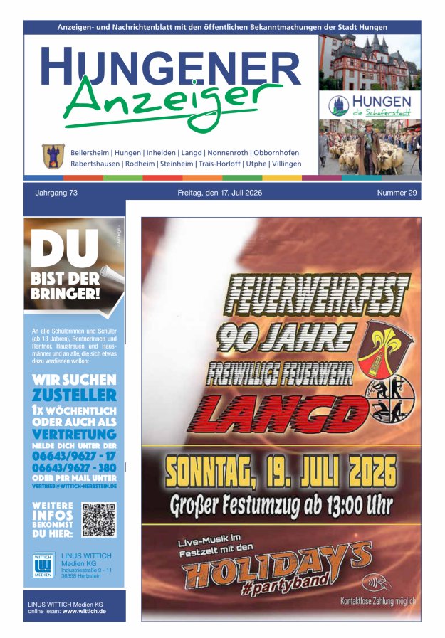 Anzeigen- und Nachrichtenblatt mit den öff  Bekanntmachungen der Stadt Hungen Titelblatt 29/2026