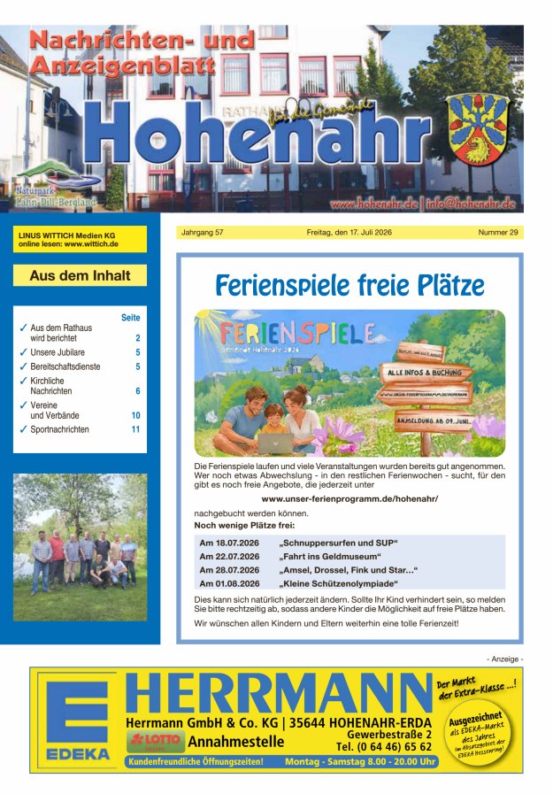 Nachrichten- und Anzeigenblatt für die Gemeinde Hohenahr Titelblatt 29/2026