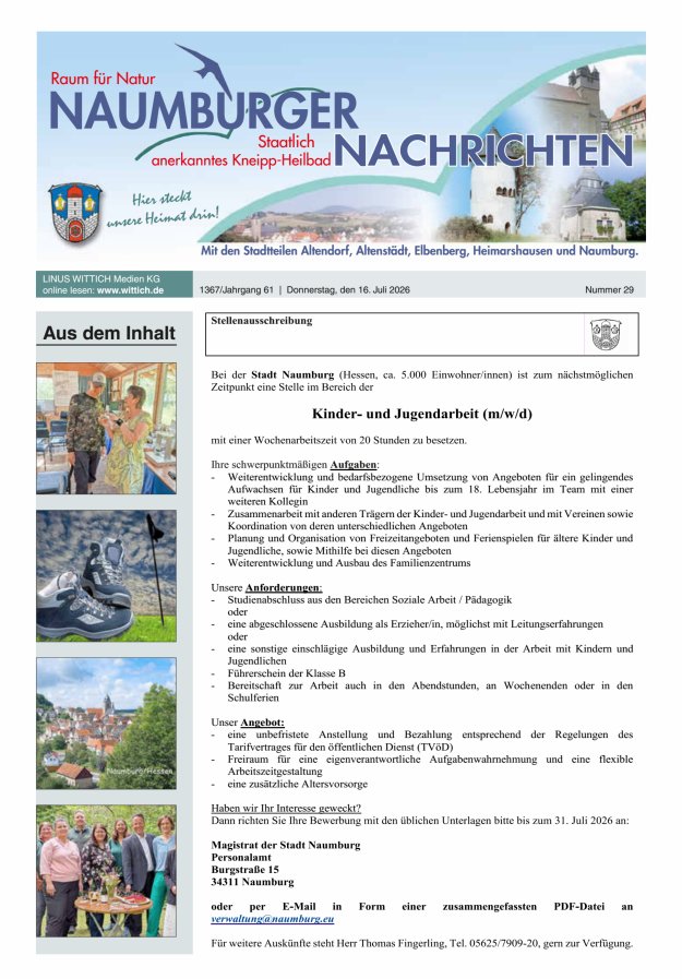 Naumburger Nachrichten Titelblatt 29/2026