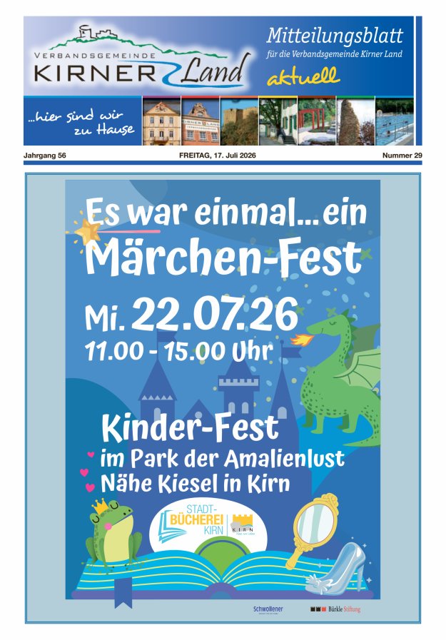 Mitteilungsblatt für den Bereich der Verbandsgemeinde Kirner Land Titelblatt 29/2026