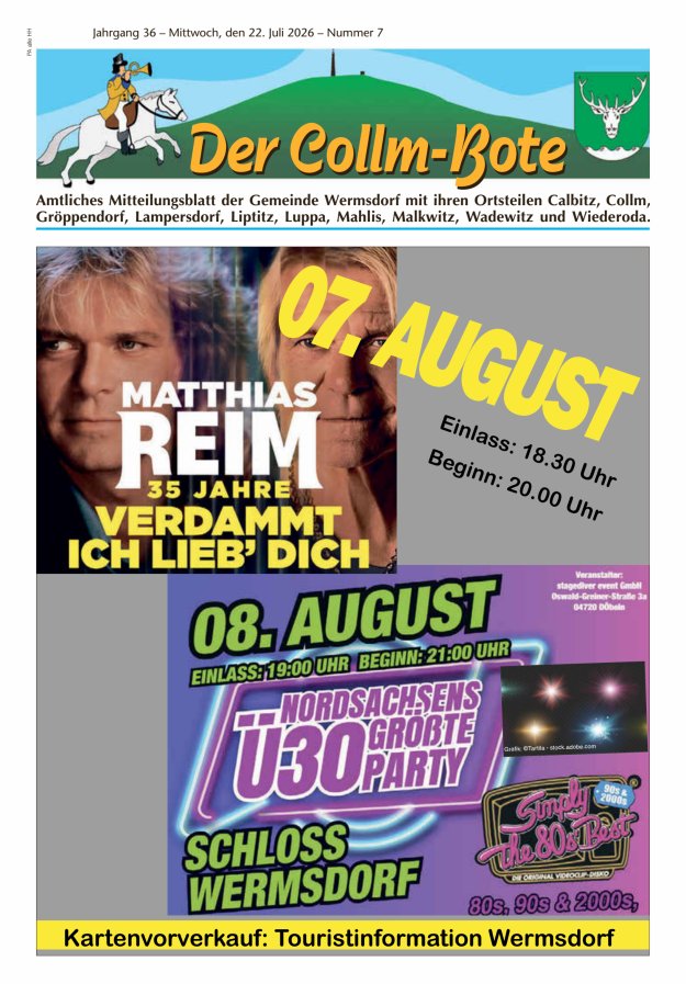 Collm-Bote – Amtliches Mitteilungsblatt der Gemeinde Wermsdorf mit ihren Ortsteilen Titelblatt 07/2026