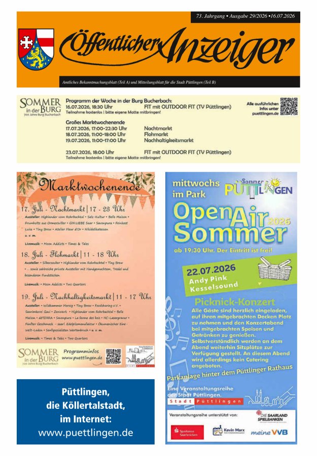Öffentlicher Anzeiger - Stadt Püttlingen Titelblatt 29/2026