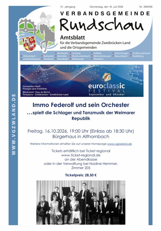 Verbandsgemeinde Rundschau Zweibrücken-Land Titelblatt 29/2026