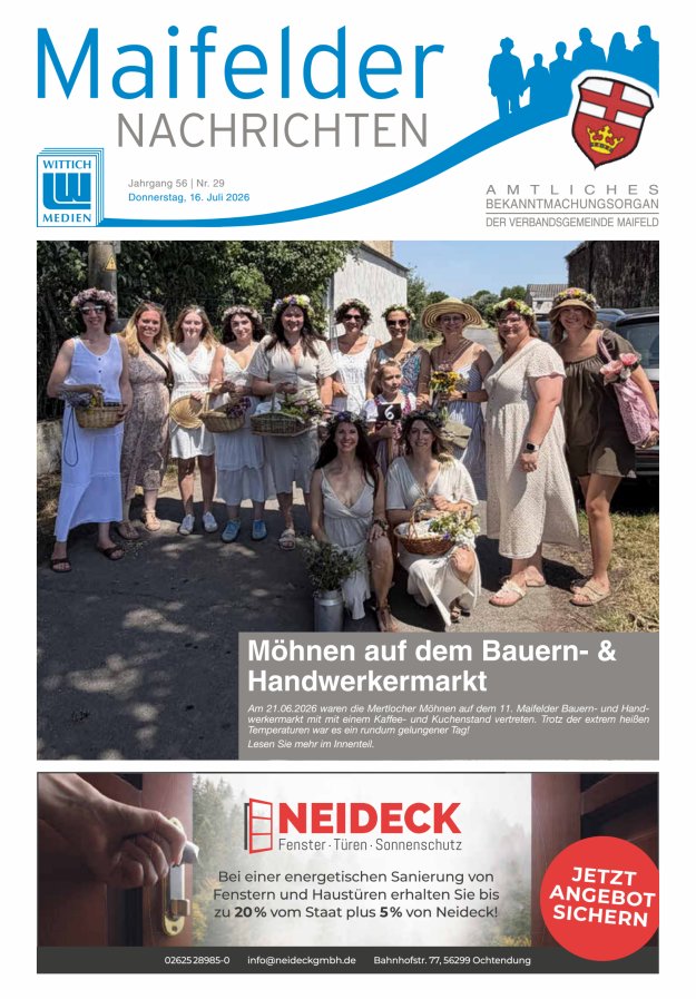 Maifelder Nachrichten - Wochenzeitung der Verbandsgemeinde Maifeld Titelblatt 29/2026