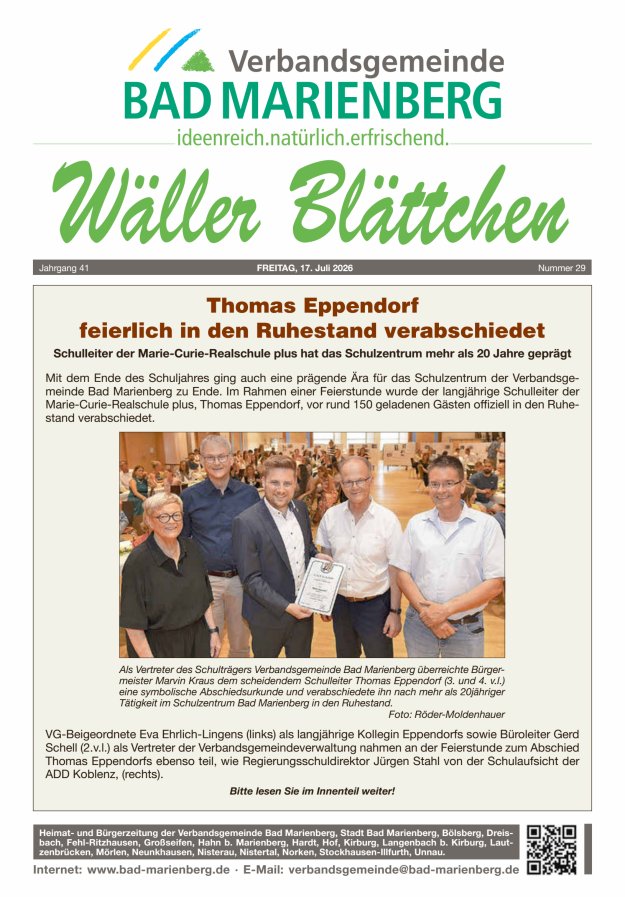 Wäller Blättchen - Verbandsgemeinde Bad Marienberg Titelblatt 29/2026
