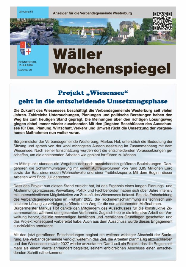 Wäller Wochenspiegel - Anzeiger für die Verbandsgemeinde Westerburg Titelblatt 29/2026