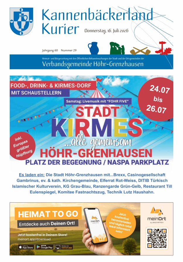 Kannenbäckerland-Kurier Verbandsgemeinde Höhr-Grenzhausen Titelblatt 29/2026
