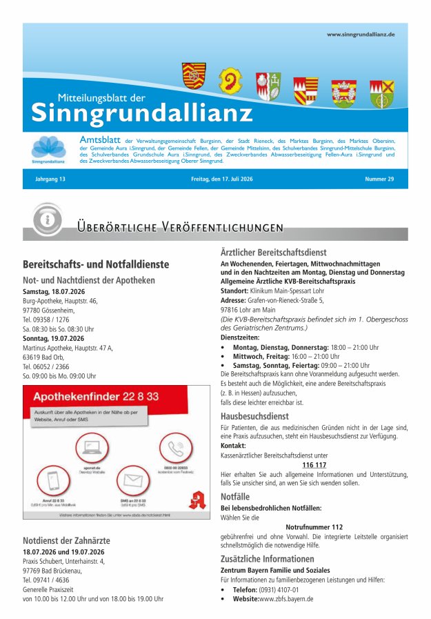 Mitteilungsblatt der Sinngrundallianz Titelblatt 29/2026