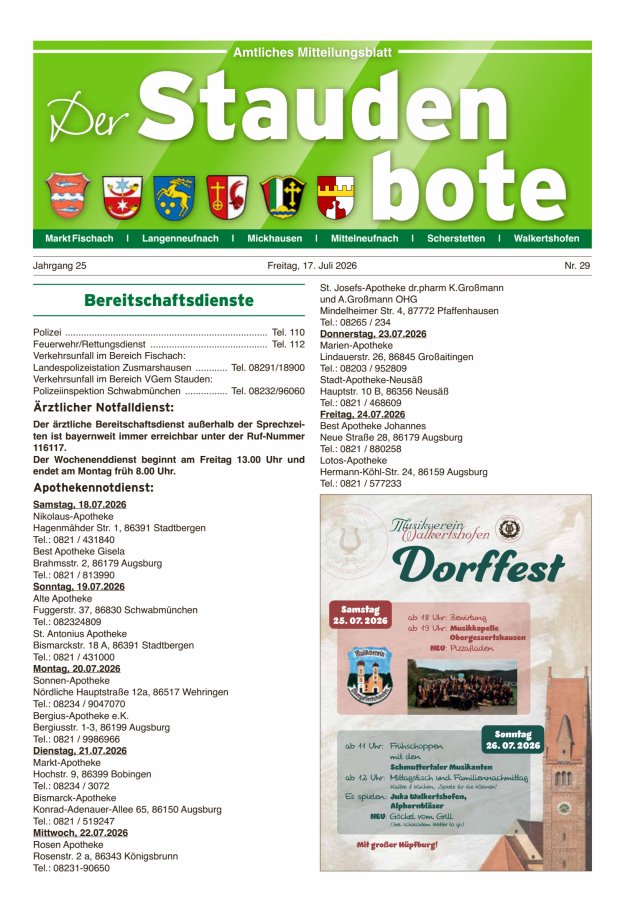 Staudenbote Amtliches Mitteilungsblatt Titelblatt 29/2026