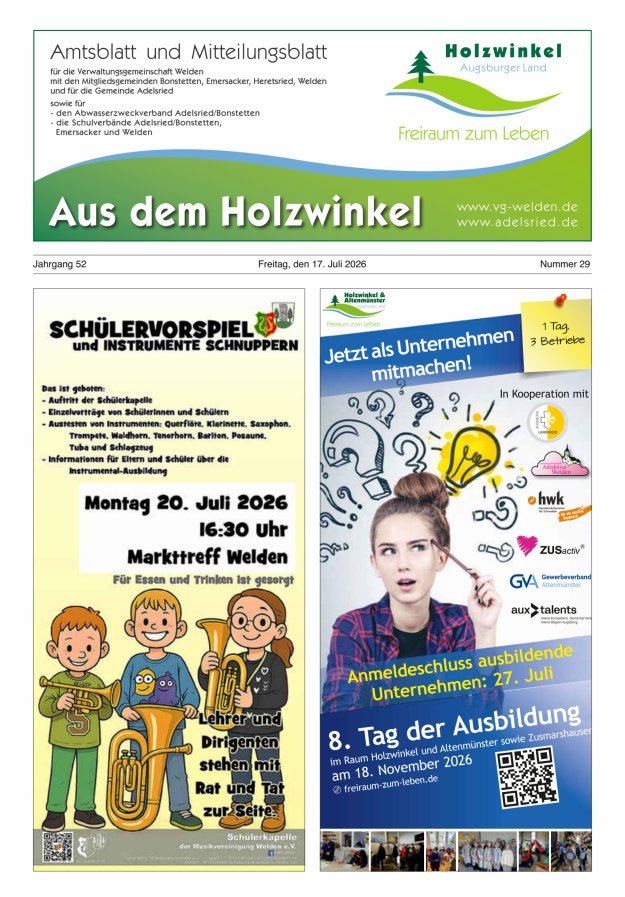 Aus dem Holzwinkel Amtsblatt u Mitteilungsblatt f VG Welden u GemAdelsried Titelblatt 29/2026