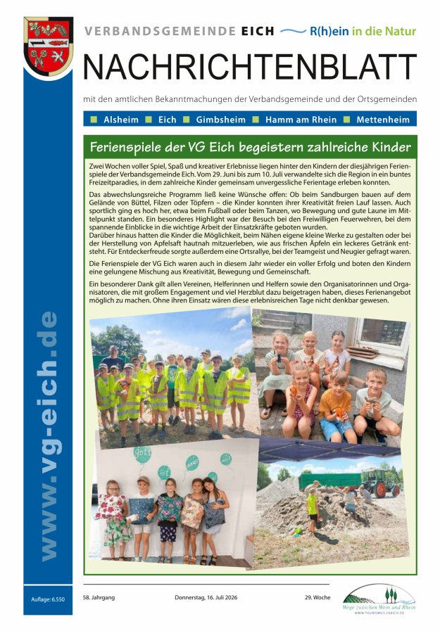 Nachrichtenblatt der VG Eich Titelblatt 29/2026