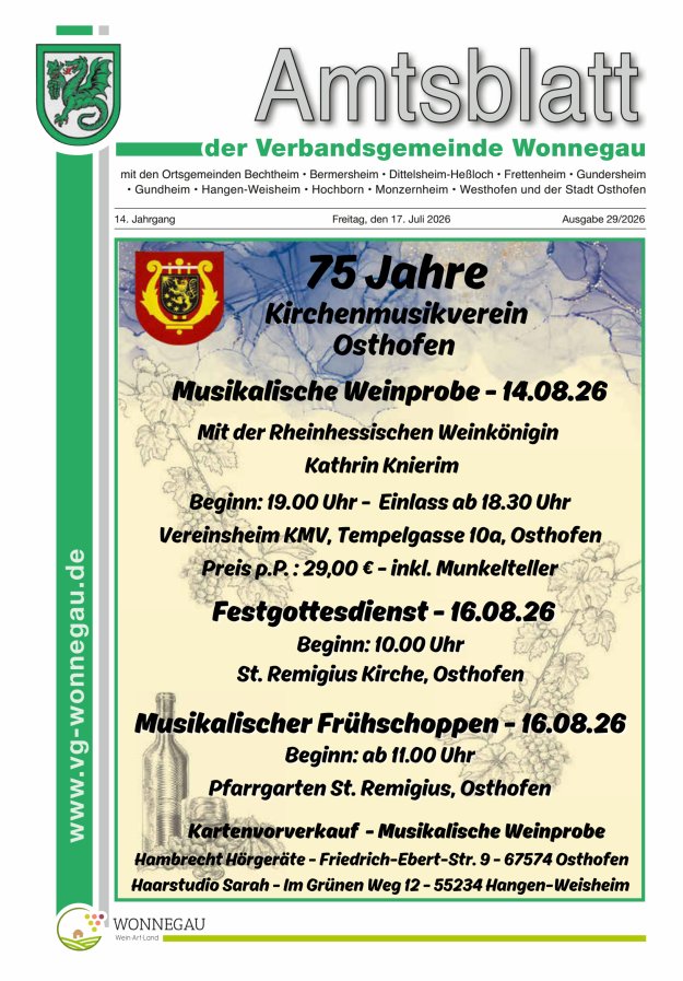 Amtsblatt VG Wonnegau Titelblatt 29/2026