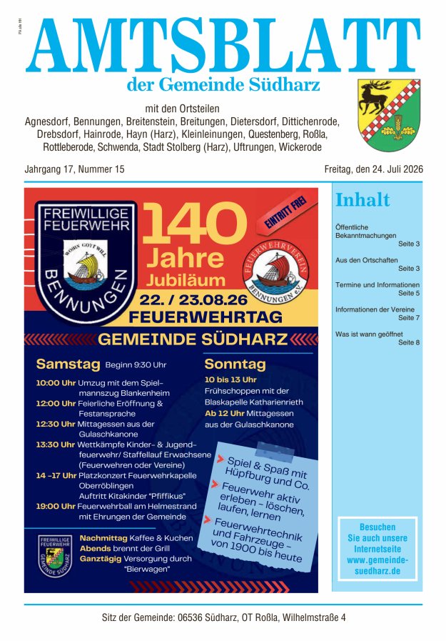 Amtsblatt der Gemeinde Südharz Titelblatt 15/2026
