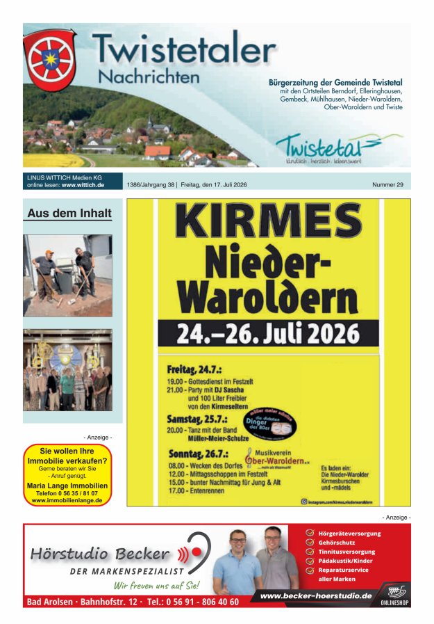 Twistetaler Nachrichten Titelblatt 29/2026