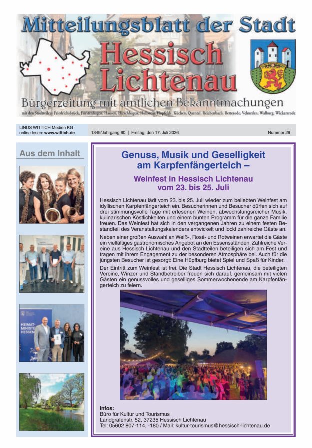 Mitteilungsblatt der Stadt Hess Lichtenau Titelblatt 29/2026