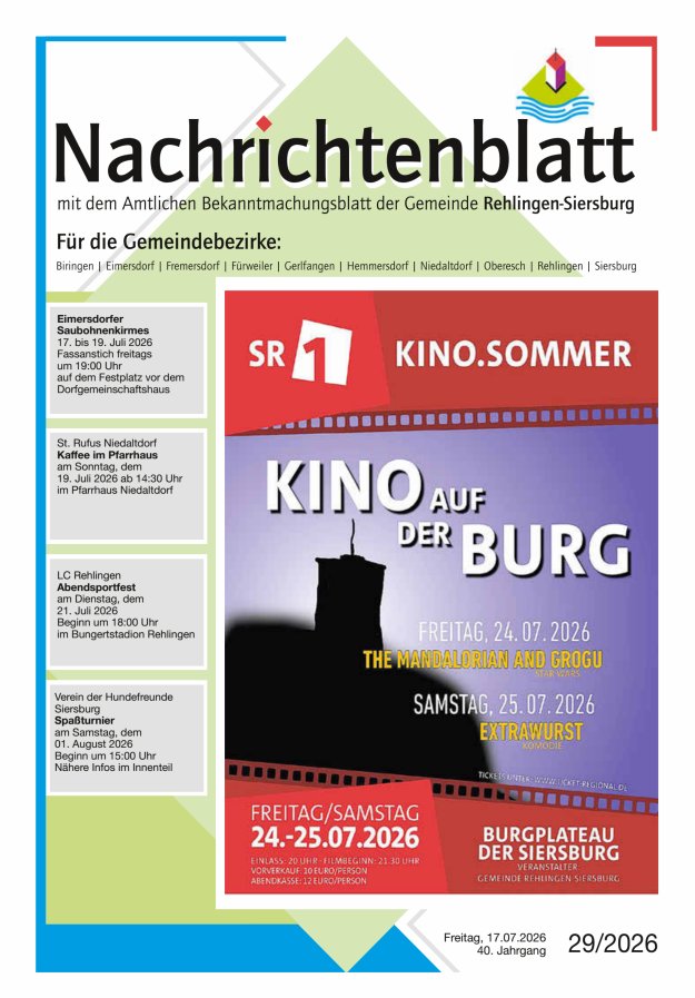 Nachrichtenblatt Rehlingen-Siersburg Titelblatt 29/2026