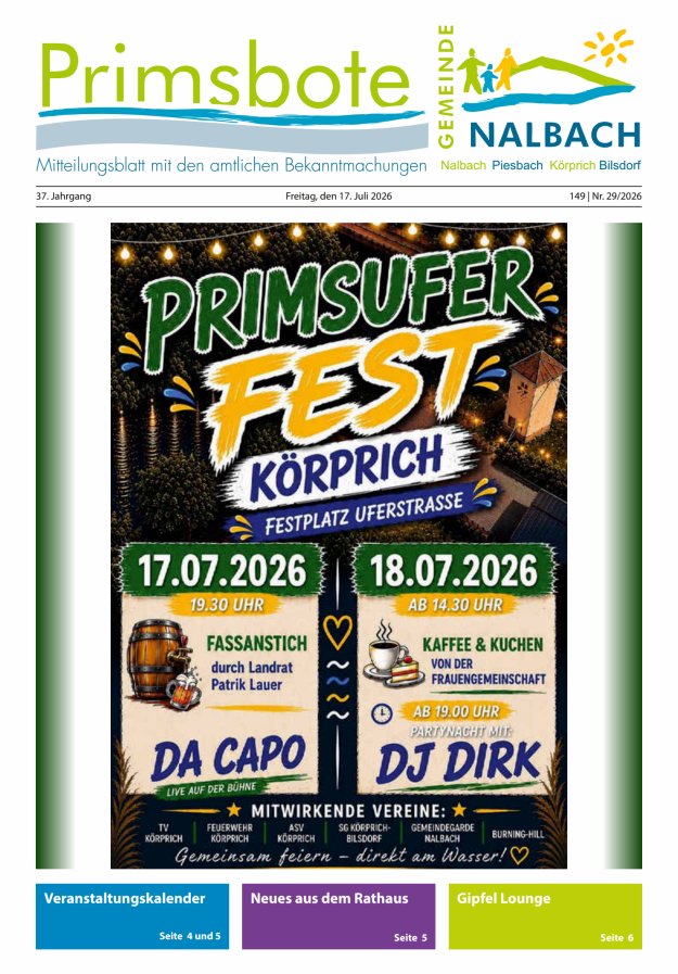 Primsbote Gemeinde Nalbach Titelblatt 29/2026