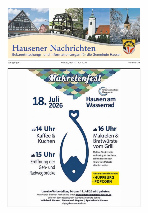 Hausener Nachrichten Titelblatt 29/2026