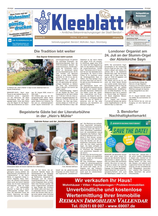 Kleeblatt - Amtliches Bekanntmachungsorgan der Stadt Bendorf Titelblatt 29/2026