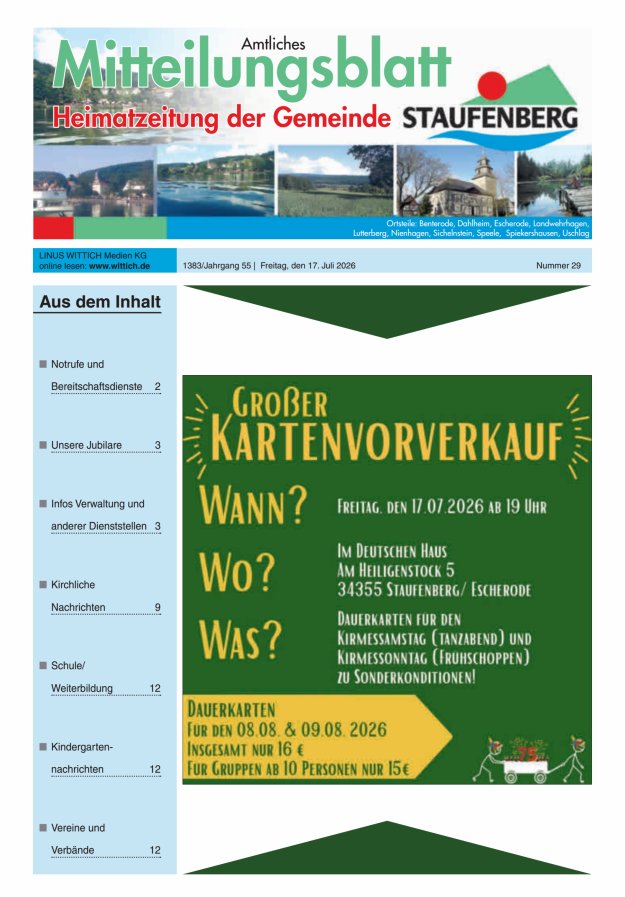 Heimatzeitung der Gemeinde Staufenberg Titelblatt 29/2026