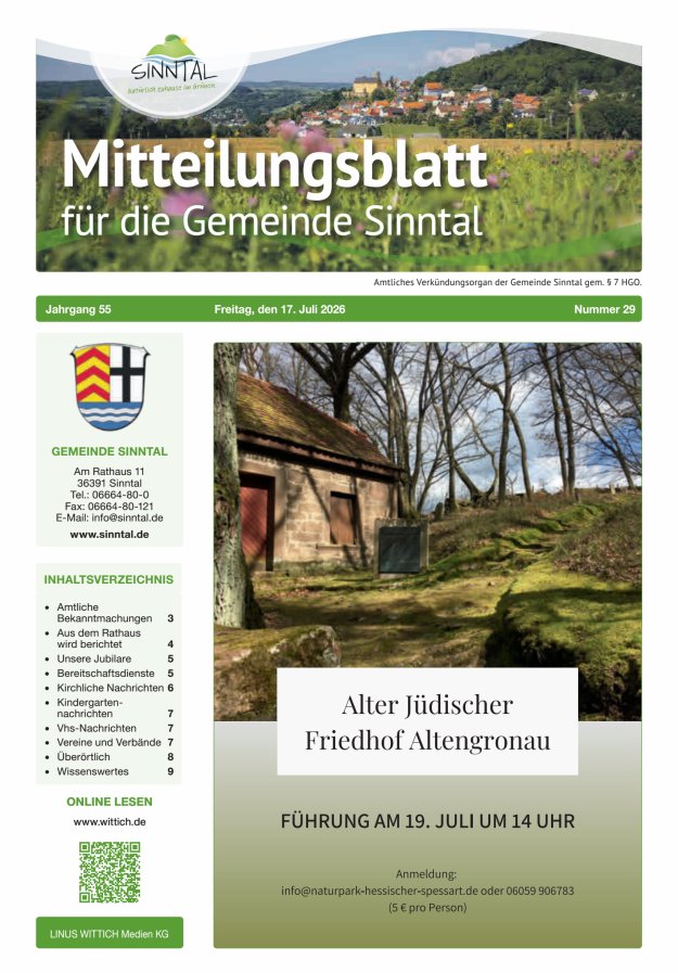 Mitteilungsblatt für die Gemeinde Sinntal Titelblatt 29/2026