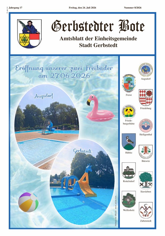 Gerbstedter Bote – Amtsblatt der Einheitsgemeinde Stadt Gerbstedt Titelblatt 08/2026
