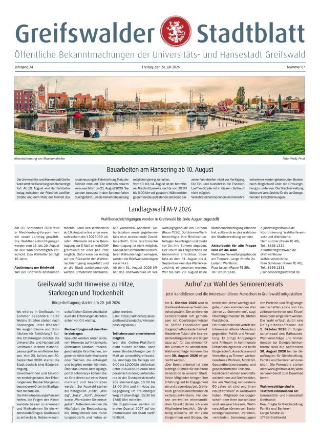 Greifswalder Stadtblatt Titelblatt 07/2026