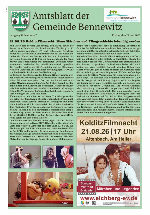 Amtsblatt der Gemeinde Bennewitz Titelblatt 07/2026