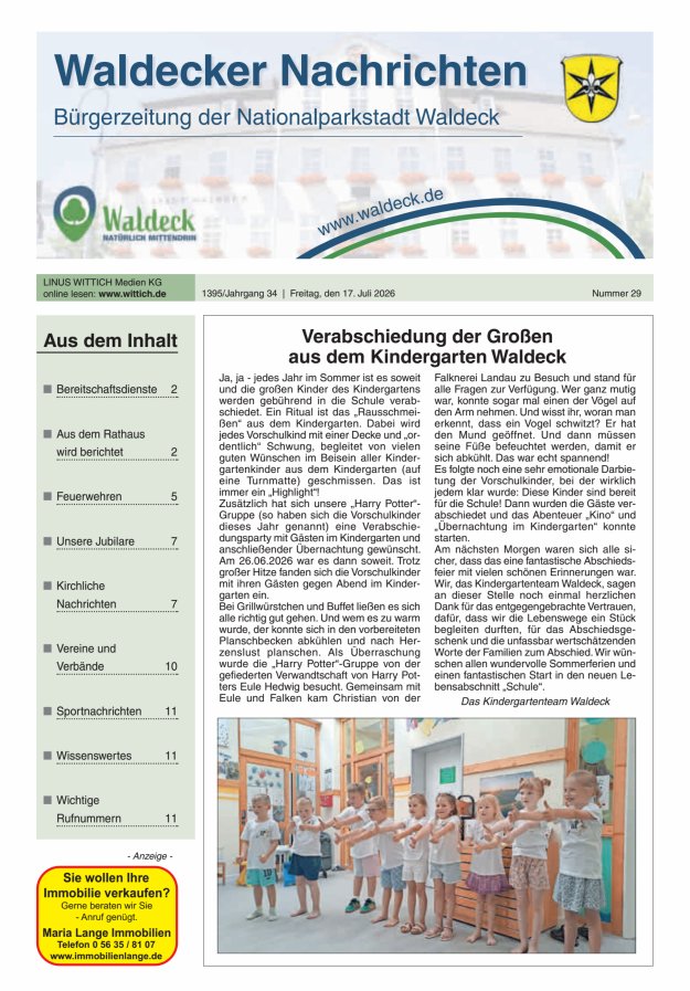Waldecker Nachrichten Titelblatt 29/2026
