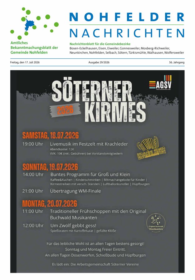 Nohfelder Nachrichten Titelblatt 29/2026