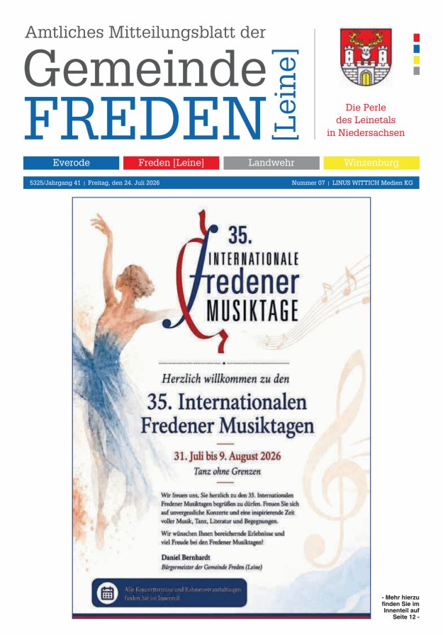 Amtliches Mitteilungsblatt der Samtgemeinde Freden (Leine) Titelblatt 07/2026