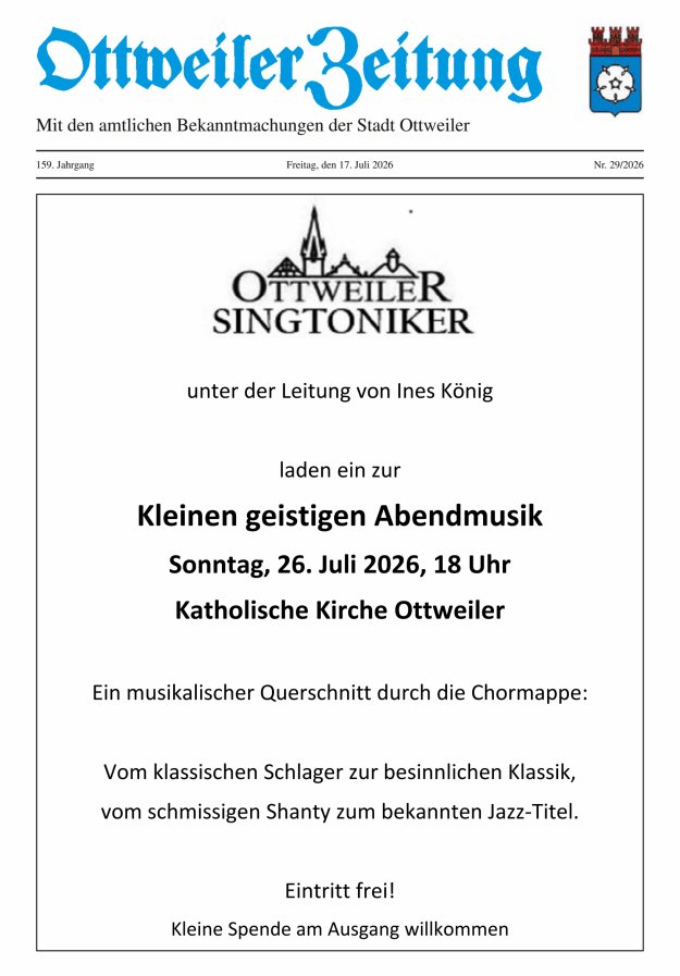 Ottweiler Zeitung Titelblatt 29/2026