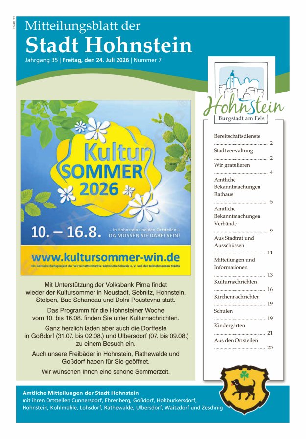 Mitteilungsblatt der Stadt Hohnstein Titelblatt 07/2026