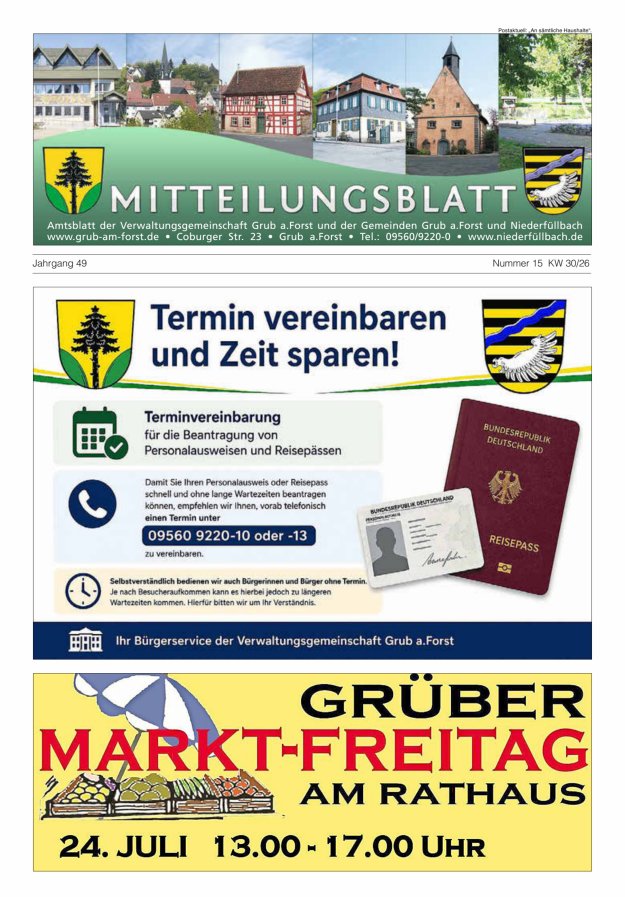 Amts- und Mitteilungsblatt der VGem Grub a.Forst Titelblatt 15/2026