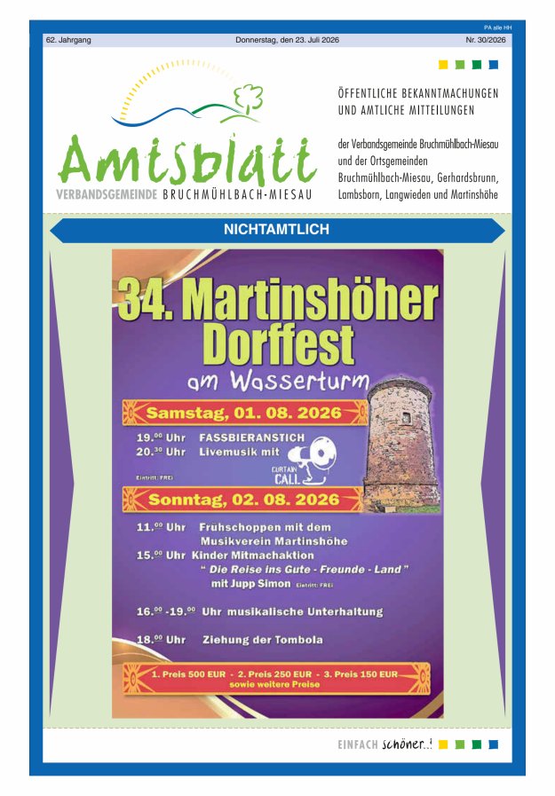 Amtsblatt der VG Bruchmühlbach-Miesau Titelblatt 30/2026