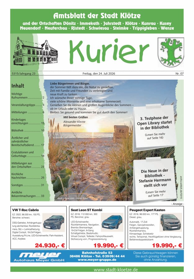 Stadt Klötze Kurier Titelblatt 07/2026