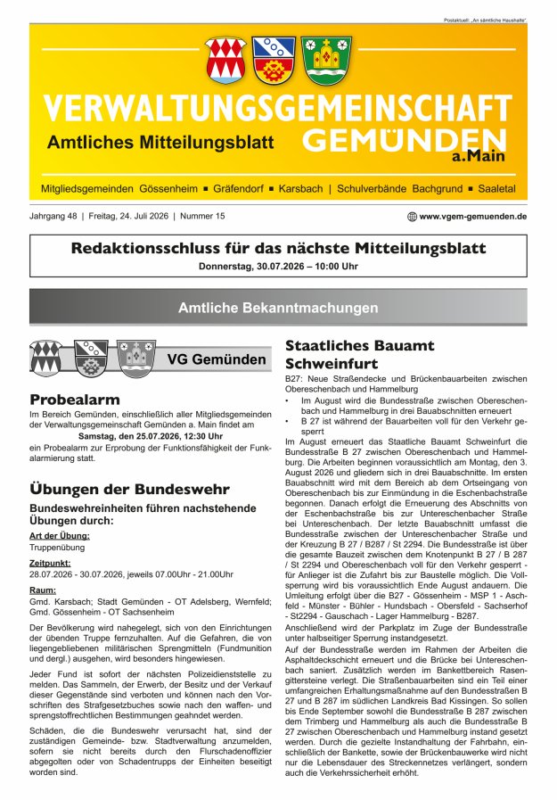 Mitteilungsblatt der VG Gemünden a Main Titelblatt 15/2026