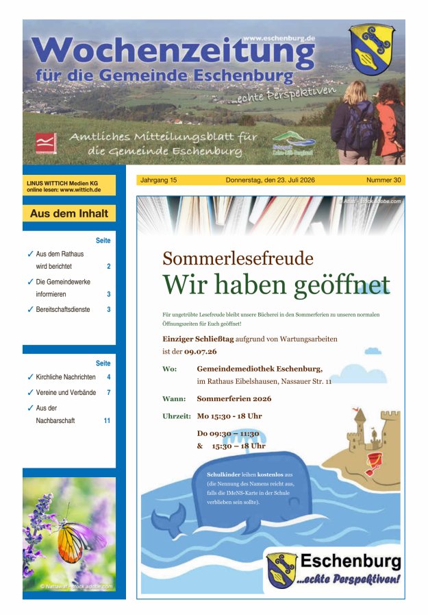 Wochenzeitung für die Gemeinde Eschenburg Titelblatt 30/2026