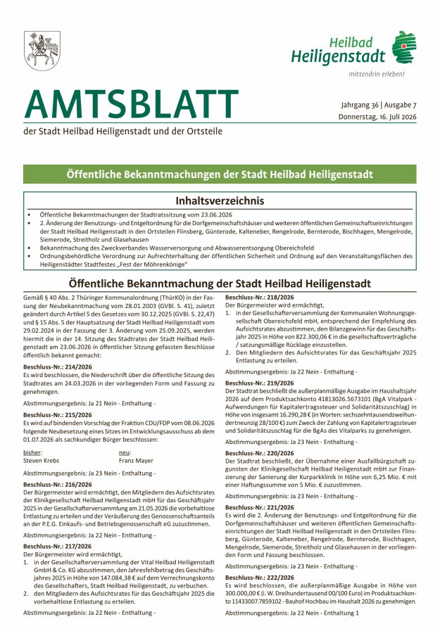 Amtsblatt der Stadt Heiligenstadt Titelblatt 07/2026