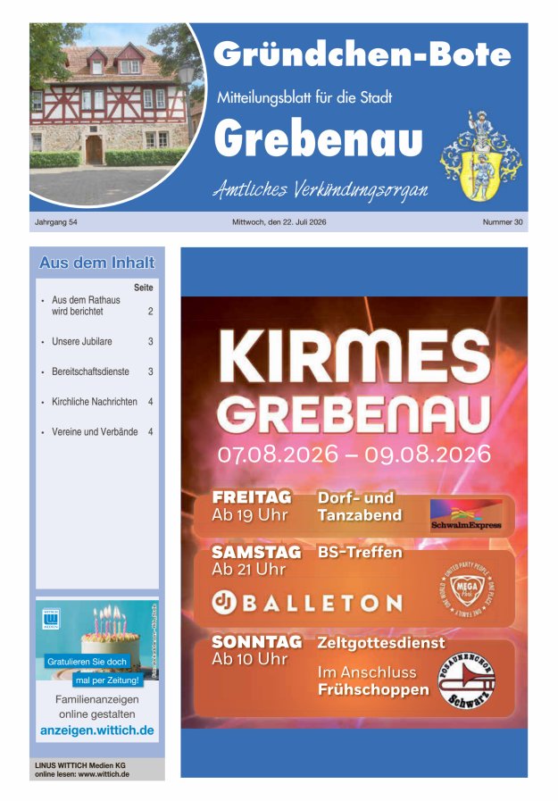 Grebenau - Gründchen Bote - Mitteilungsblatt für die Stadt Grebenau Titelblatt 30/2026